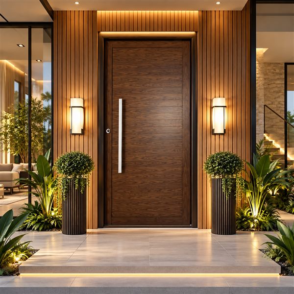 Porta de madeira escura em hall iluminado